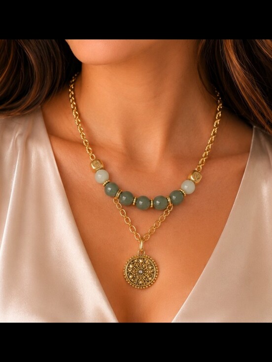 Hand Crafted Jewelry - Green Aventurine Amazonite Medallion Necklace Adjustable Gemstone Necklace Gold
